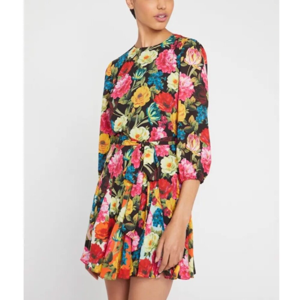 NWT Alice + Olivia Mina Floral Puff Sleeve Godet Dress with Belt